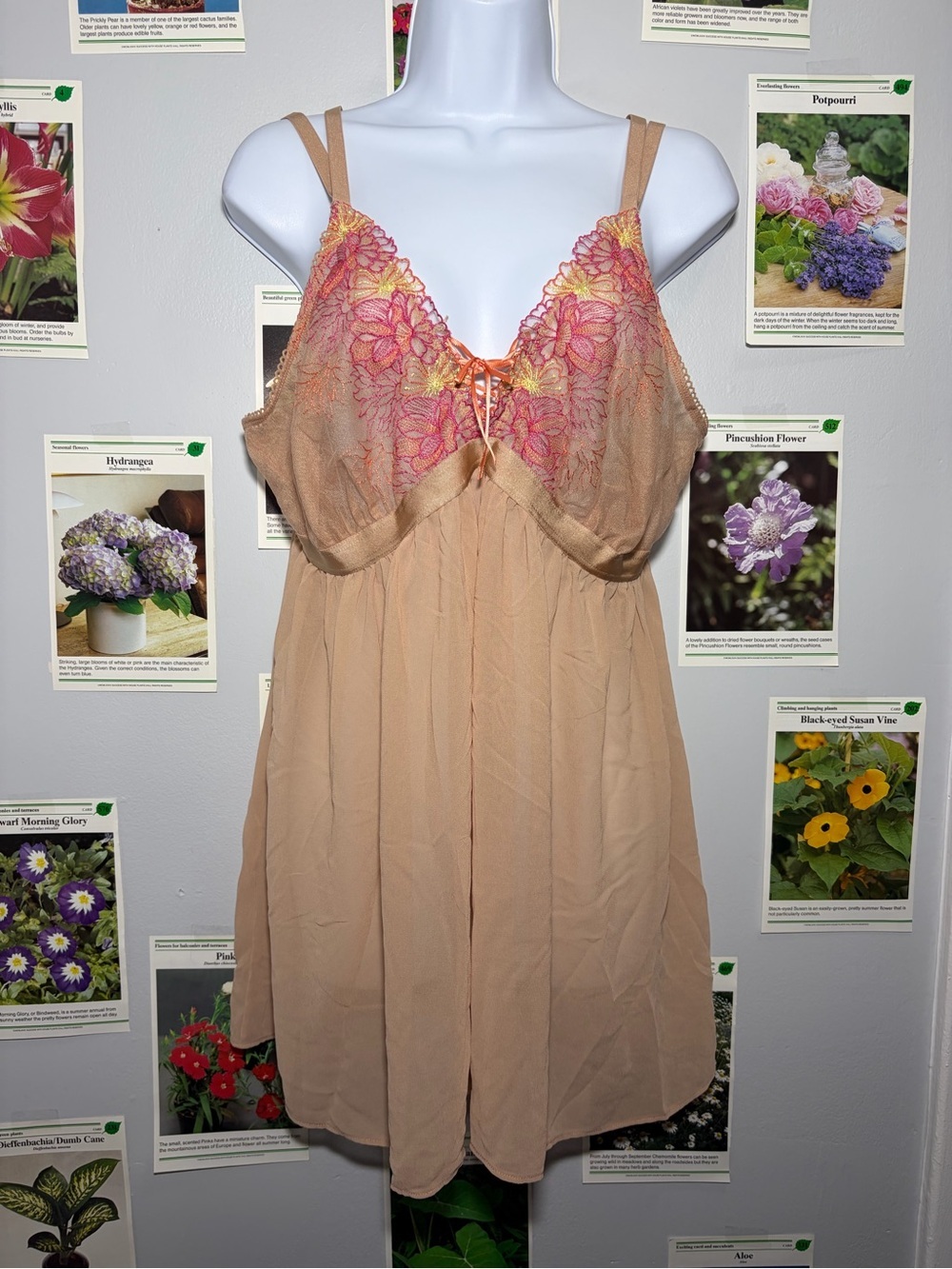 Beige Lace-Trim Chemise with Pink & Yellow Floral Embroidery